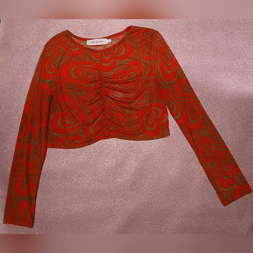 Lisa Says Gah Red & Green Ruched Crop Long Sleeve Top Size L